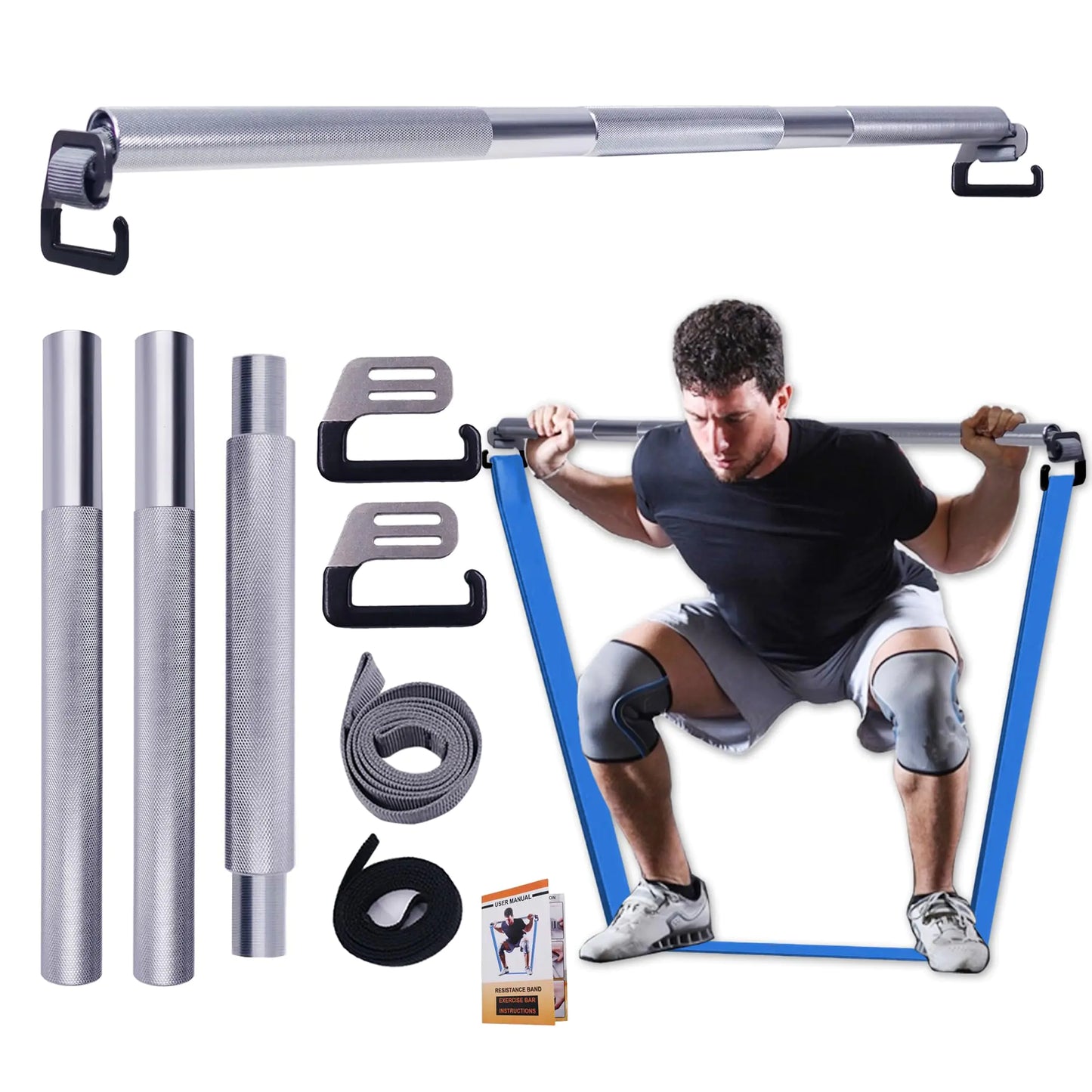J Bryant Fitness Resistance Band Exercise Bar Full Body Workout Home Gym Equipment Large Hook 37.8in Metal Bar